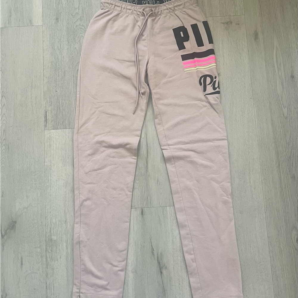 PINK Victoria's Secret Taupe Joggers with Neon Accents